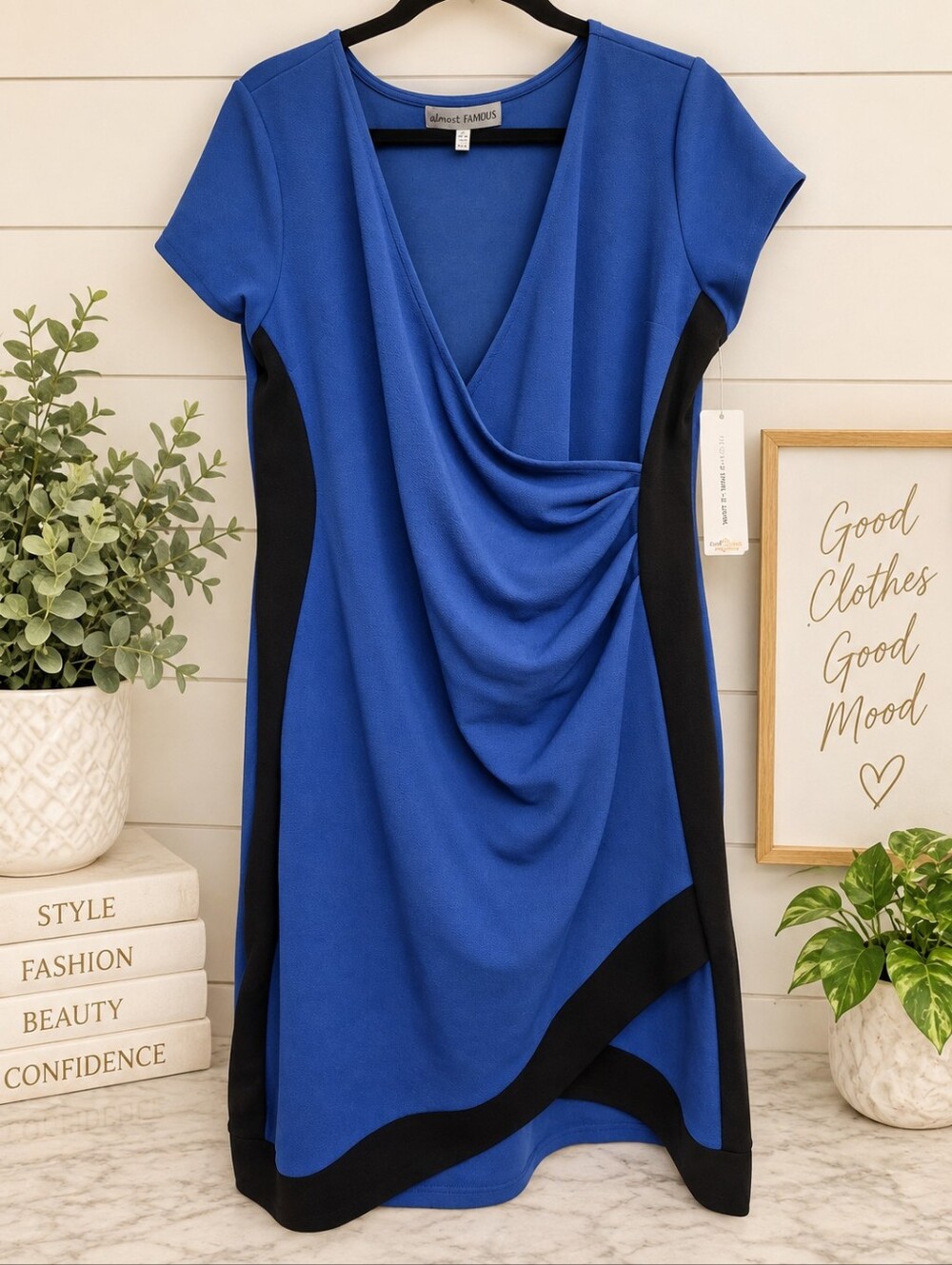NWT Almost Famous 3X Royal Blue Black Colorblock Draped Faux Wrap Dress